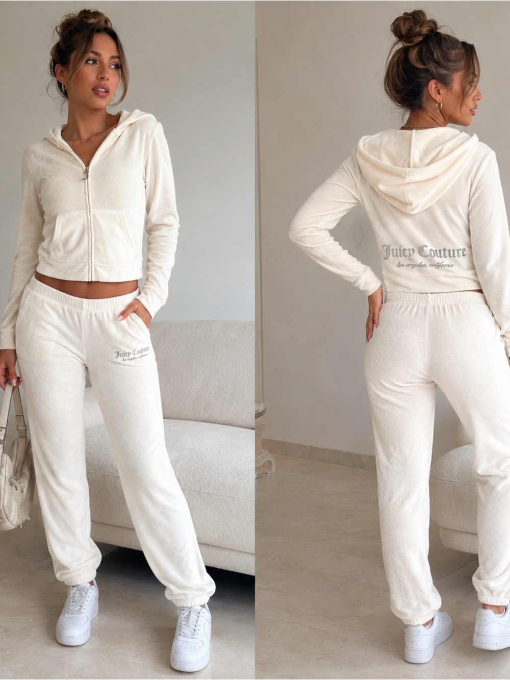 Juicy Couture Terry Tracksuit Set M Ivory Hoodie Jogger Pants Y2K McBling NWT